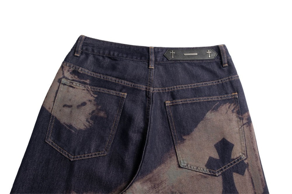 Cross Paint Graphic Wide Leg Denim Jeans WN27972