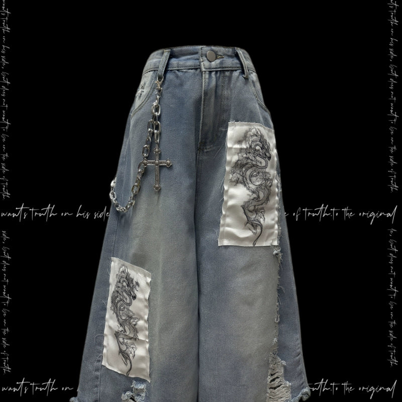 Patchwork Design Wide Leg Denim Half Jeans & Belt & Chain WN20112