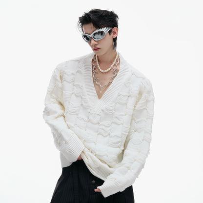 Pearl Beads V-Neck Fringe Knit Sweater WN21222