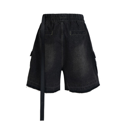 Drawstring Cargo Damage Denim Half Jeans WN25525