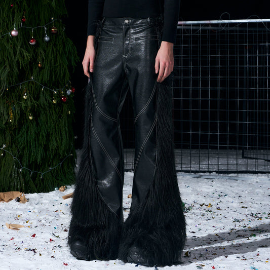 Fake Fur Panel Design Flare PU Leather Pants WN22717