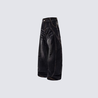 Embroidery Washed Wide Leg Denim Jeans WN28022
