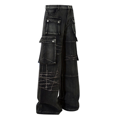 Multi-Pocket Embroidery Wide Leg Straight Cargo Denim Jeans WN18626