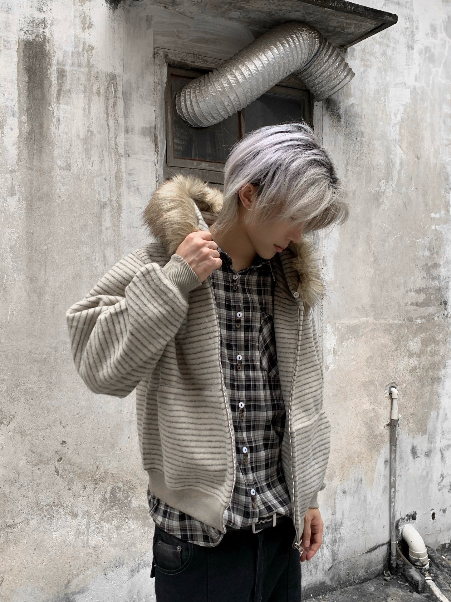 Stripe Detachable Hooded Zipper Jacket WN22224