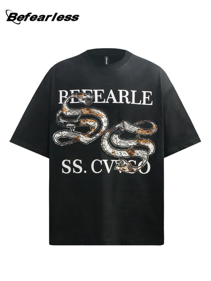 Snake Graphic Lace Embroidery Oversize Short Sleeve T-Shirt WN26341