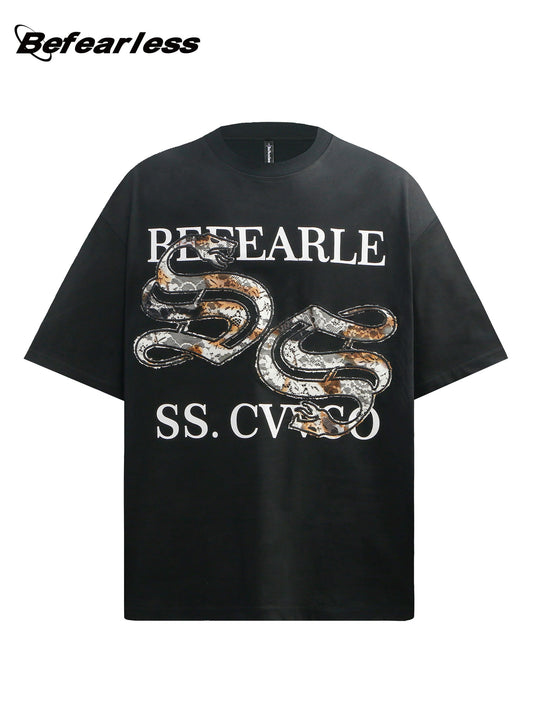 Snake Graphic Lace Embroidery Oversize Short Sleeve T-Shirt WN26341