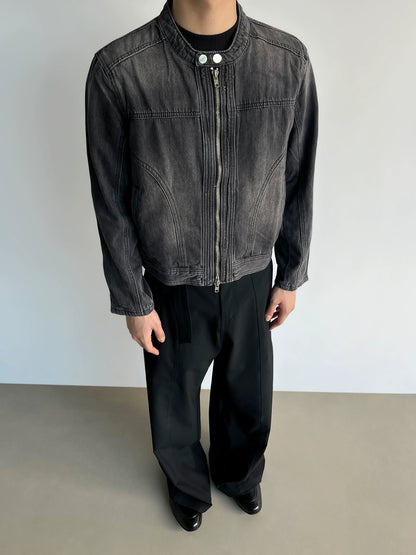 Rivet Washed Short Ziiper Denim Jacket WN21413