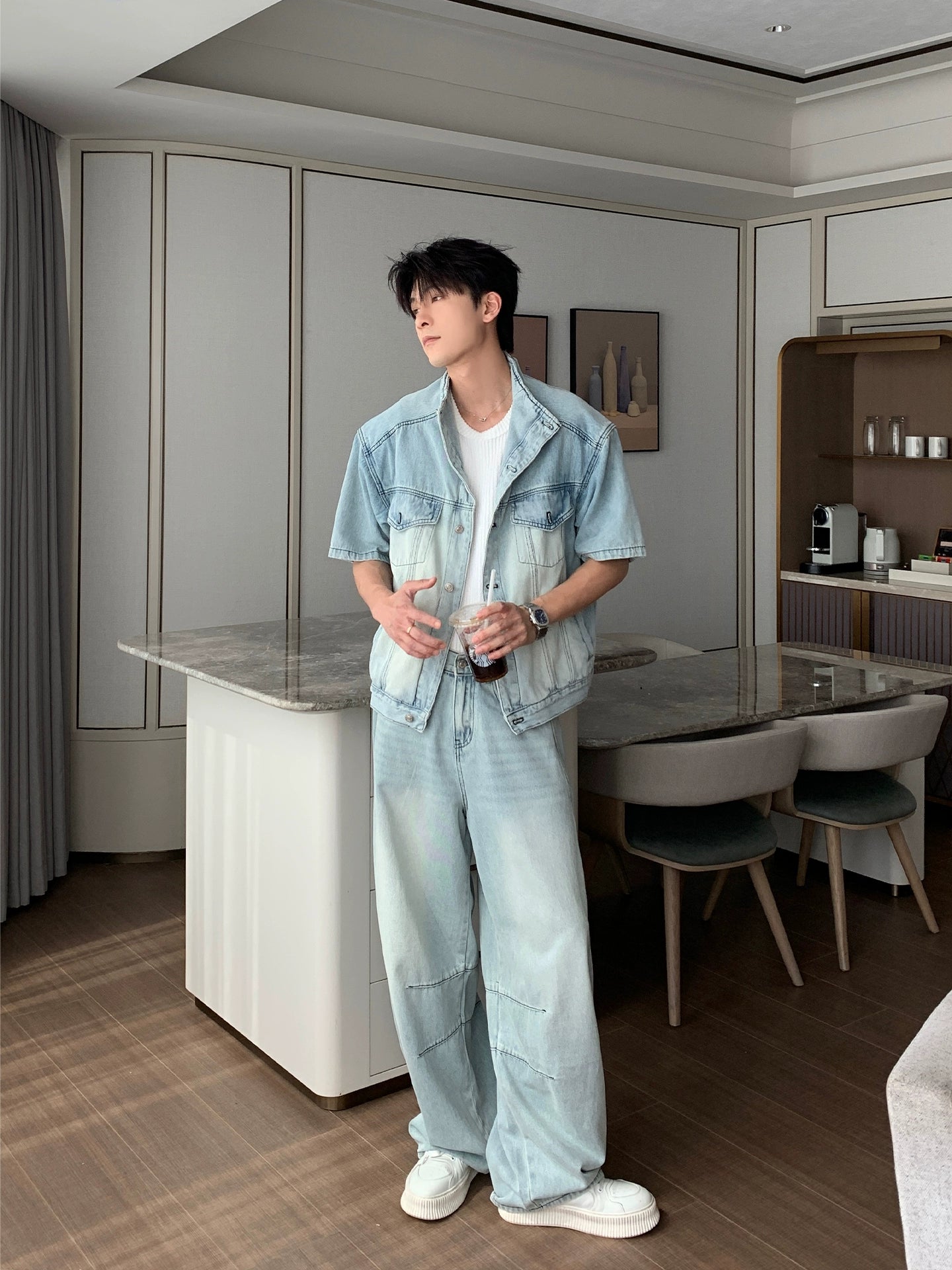 Denim Shirt Jacket & Wide Leg Denim Jeans Setup WN20451