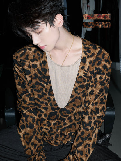 Leopard Print Deep V-Neck Fake Layered Stretch Long Sleeve T-Shirt WN27043