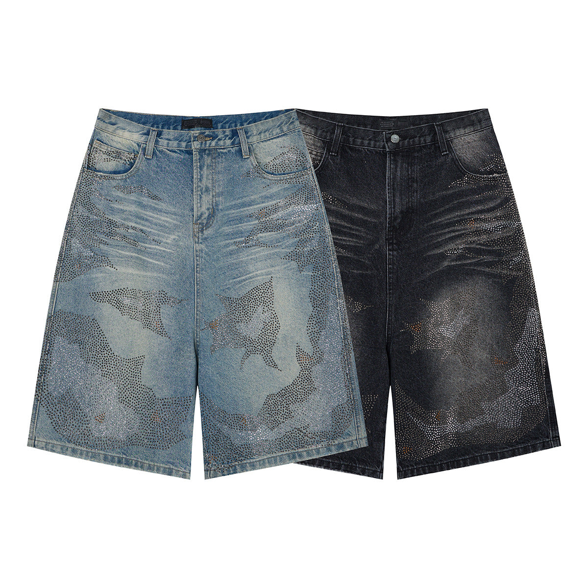 Rhinestone Camouflage Wash Denim Half Pants WN25558
