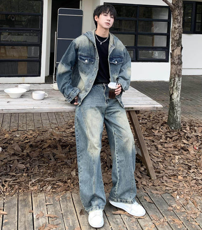 Hooded Denim Jacket & Washed Wide Leg Denim Jeans Setup WN25168