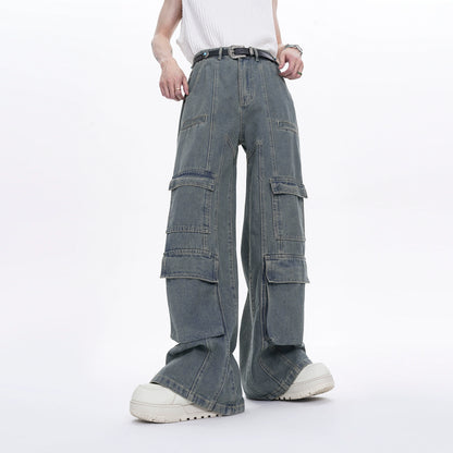 Short Sleeve Denim Jacket & Multiple Pocket Washed Cargo Denim Jeans Setup WN6842