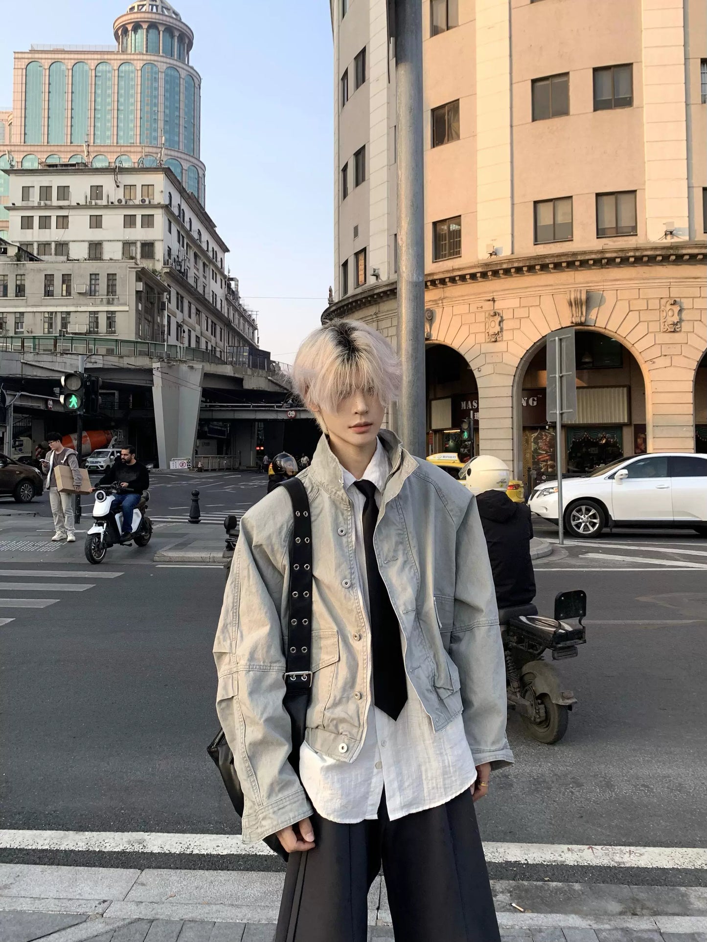 Standing-Neck Large Pocket Jacket & Wide Leg Cargo Pants Setup WN19910