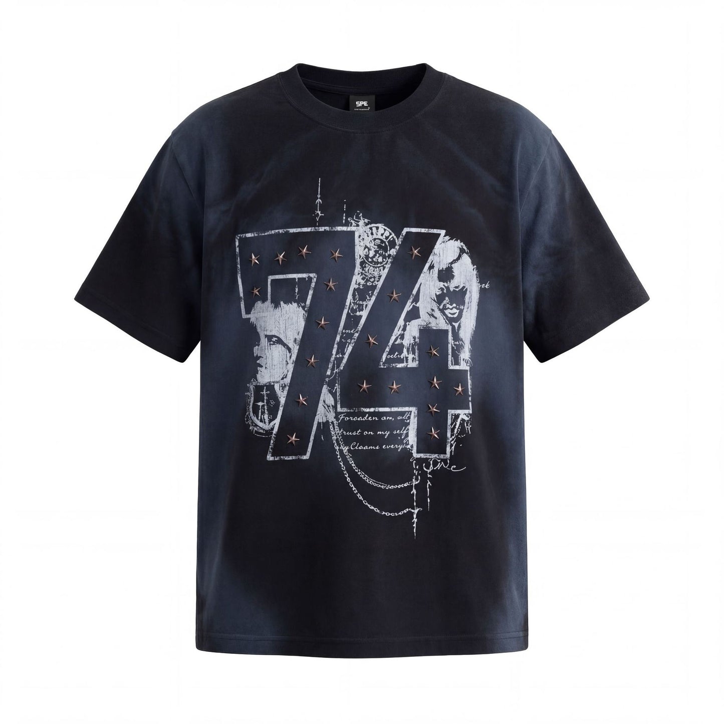 Rivet Wash Damage Cotton Short Sleeve T-Shirt WN25595