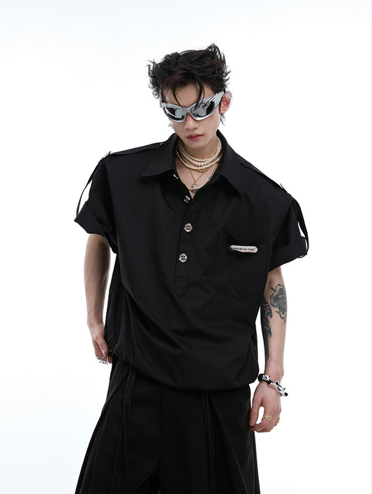 Metal Button Shoulder Pad Short Sleeve Shirt WN6513