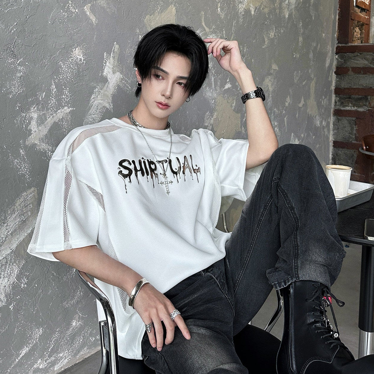 Oversize Letter Cutout Short Sleeve T-Shirt WN25100