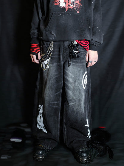 Graphic Design Washed Low-Rise Wide Leg Denim Jeans WN16077