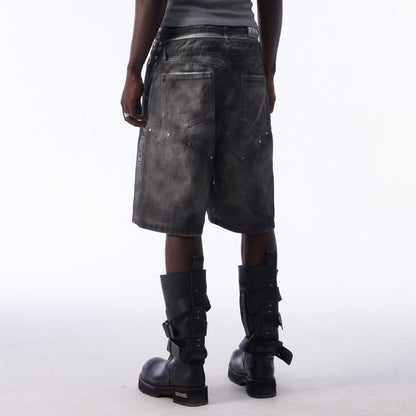 Washed Graffiti Dirty-Dye Denim Half Pants WN25741
