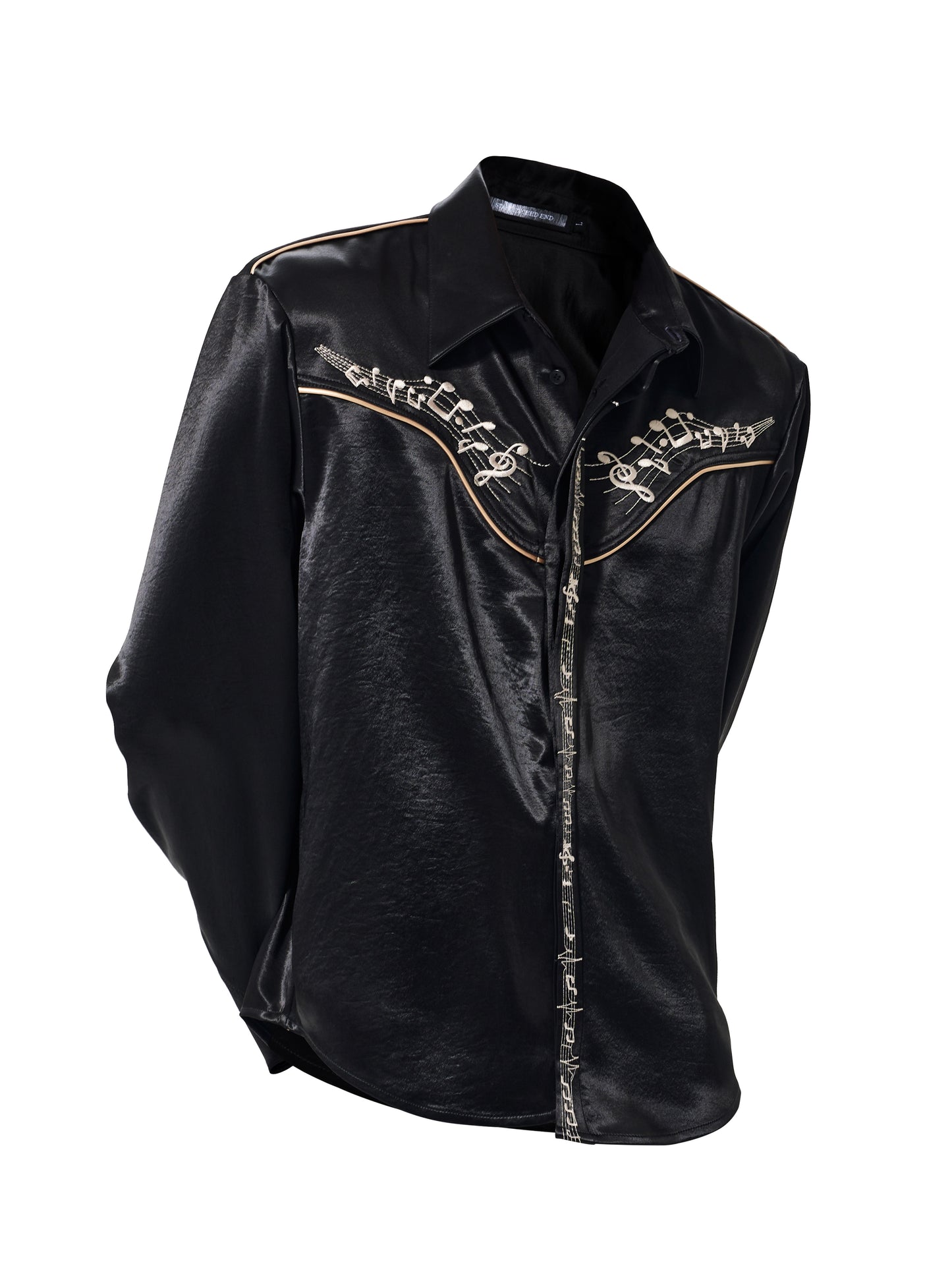 Draped Wrinkle-Resistant Note Embroidery Shoulder-Pad Long Sleeve Shirt WN23276