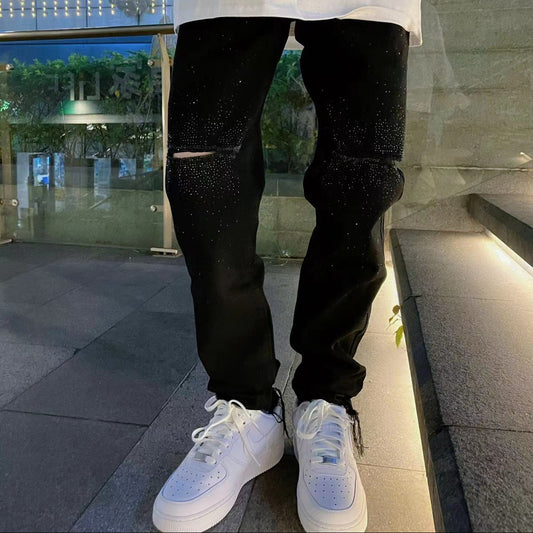 Rhinestone Damage Straight Denim Jeans WN20693