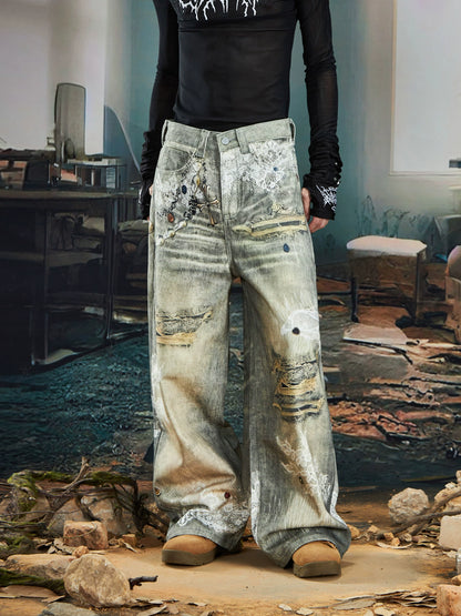 3D Lace Bead Print Straight Denim Jeans WN20578