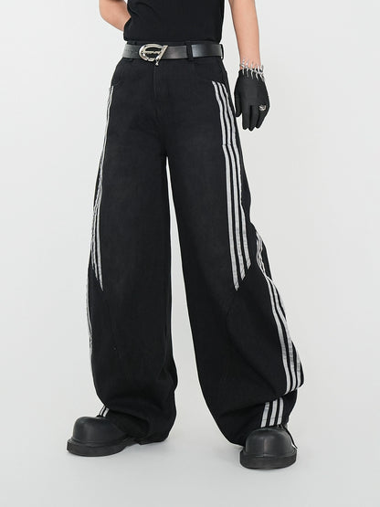 Side Stripe Curved Wide Leg Denim Jeans WN17396