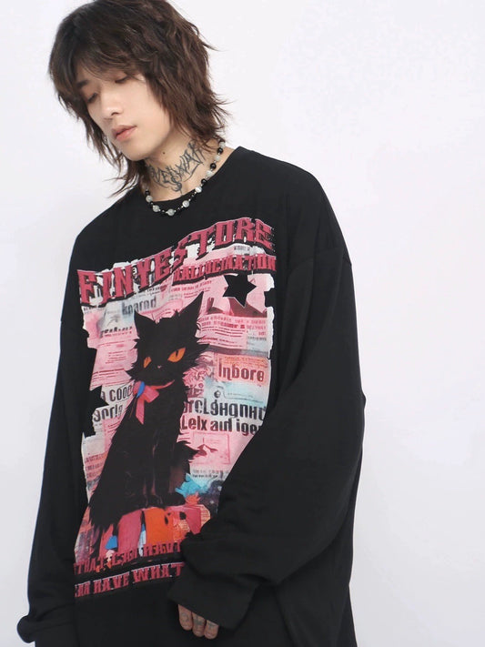 Black Cat Print Oversize Long Sleeve T-Shirt WN8401