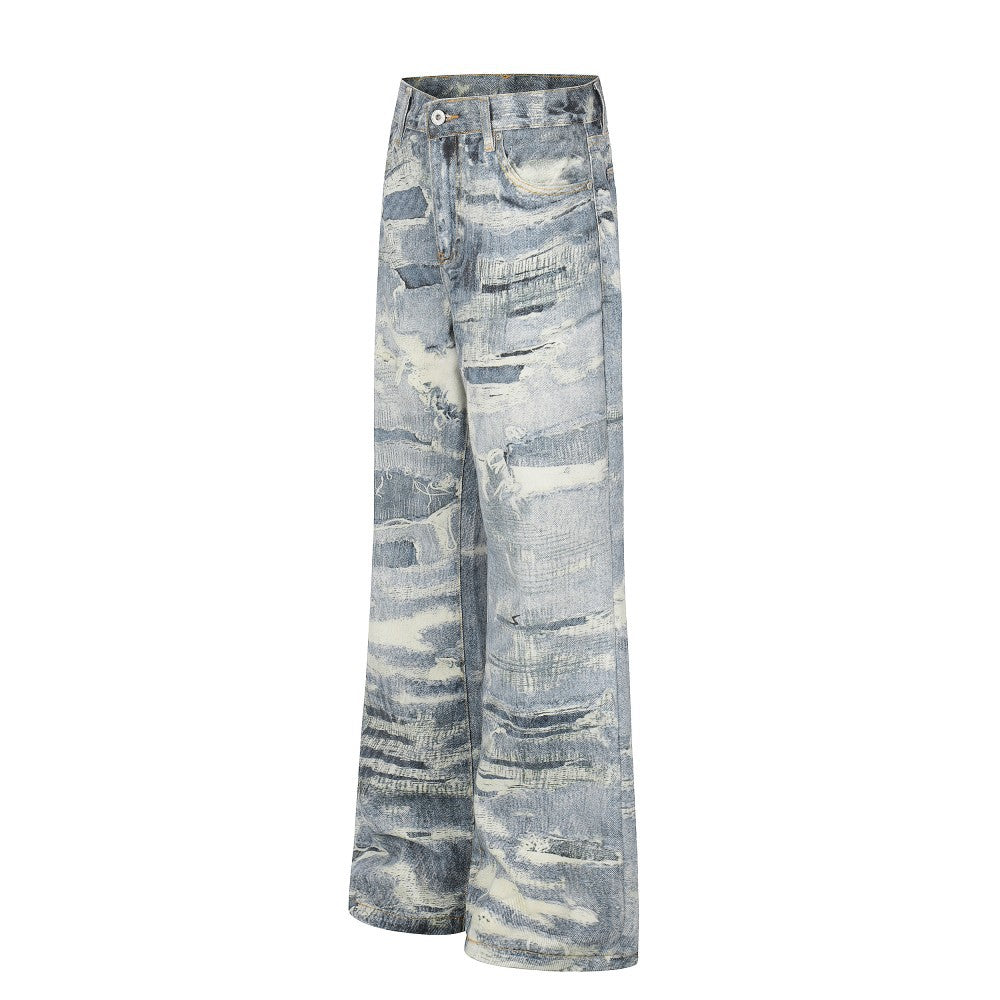 3D Print Damage Washed Wide Leg Denim Jeans WN27953