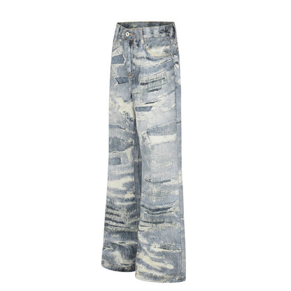 3D Print Damage Washed Wide Leg Denim Jeans WN27953