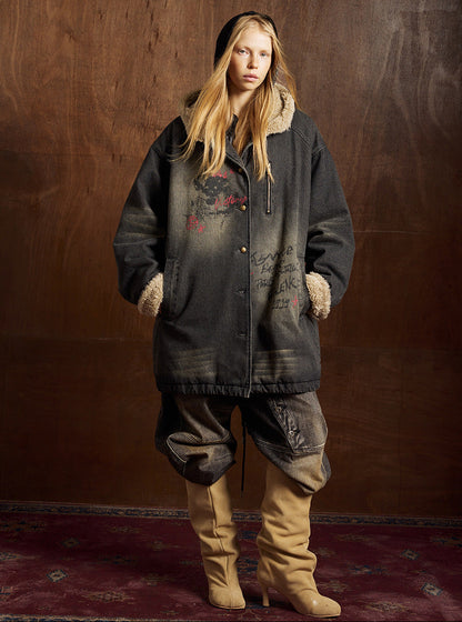 Graffiti Print Washed Denim Fleece Lining Jacket WN21901