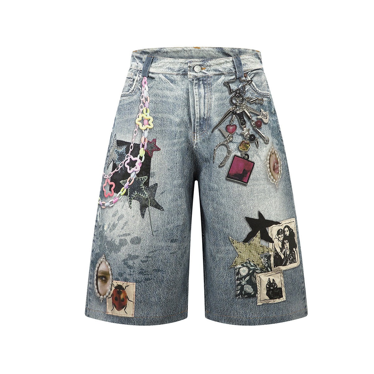 Washed Charm Patch Wide Leg Cropped Denim Jeans WN25564