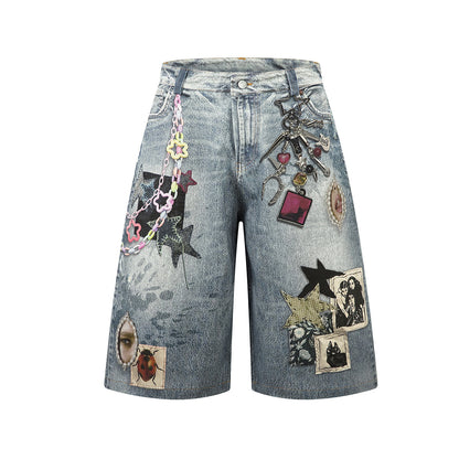 Washed Charm Patch Wide Leg Cropped Denim Jeans WN25564