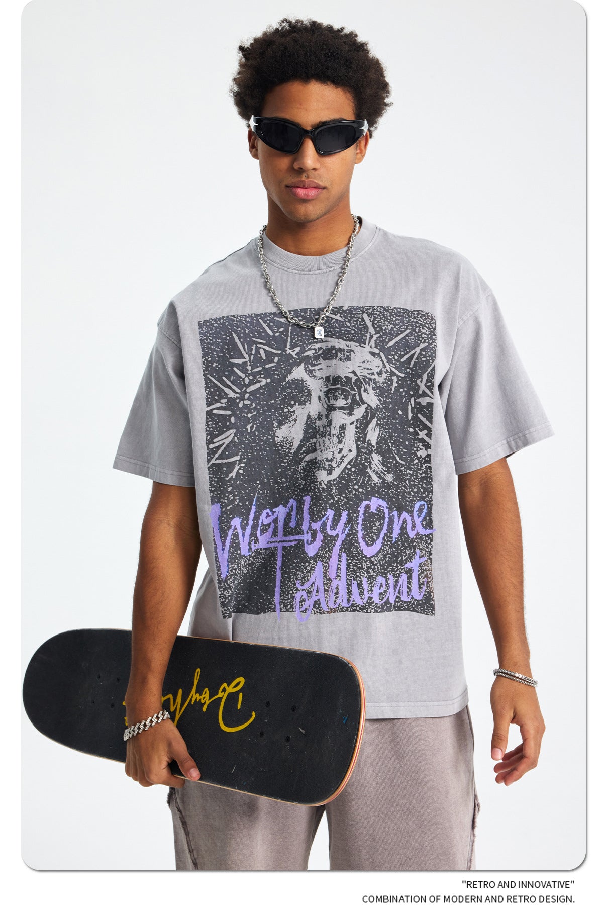 Washed Portrait Print Oversize Short Sleeve T-Shirt WN16258