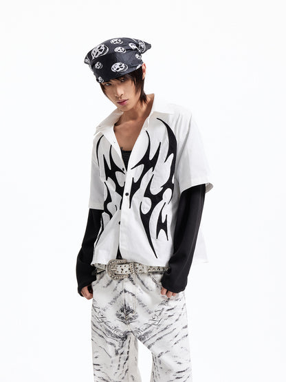 Fake Layered Flame Patch Embroidery Short Sleeve Shirt WN27296