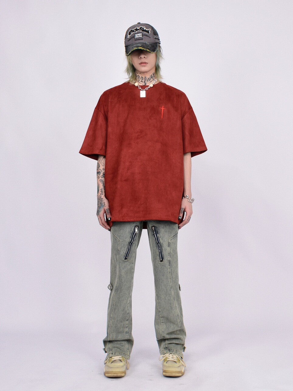 Suede Cross Embroidery Short Sleeve T-Shirt WN24457