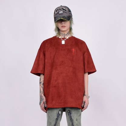 Suede Cross Embroidery Short Sleeve T-Shirt WN24457