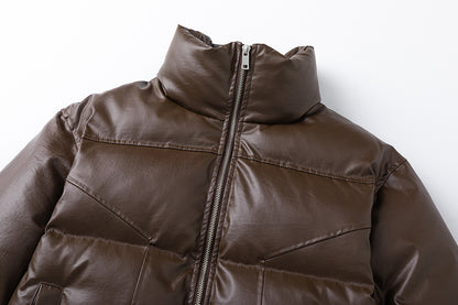 Quilted Short PU Leather Puffer Jacket WN11319