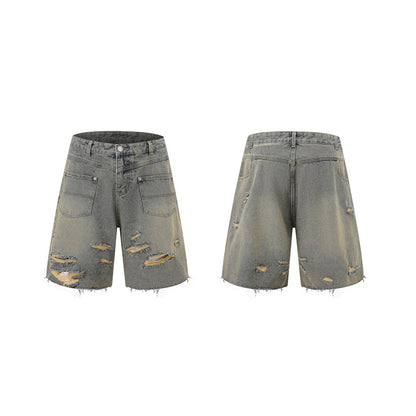 Washed Damage Wide Leg Denim Short Pants WN25596