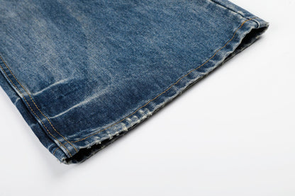 Washed Whisker Damage Wide Leg Denim Jeans WN26008