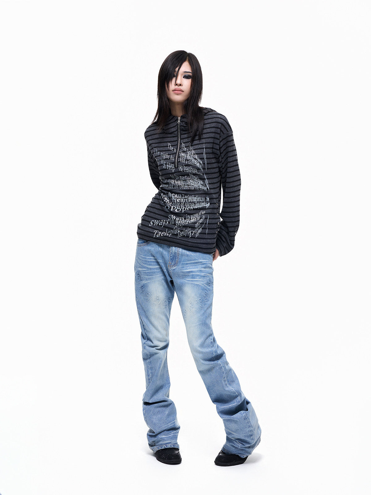 Stripe Slogan Foil Print Stud Zipper Hoodie WN27293