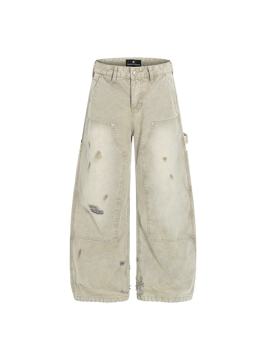 Damage Wash Pocket Wide Leg Cargo Denim Jeans WN24181