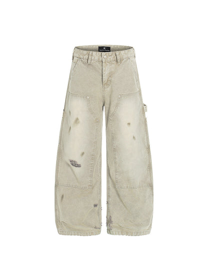 Damage Wash Pocket Wide Leg Cargo Denim Jeans WN24181