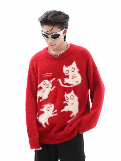 Cat Design Oversize Knit Sweater WN10239