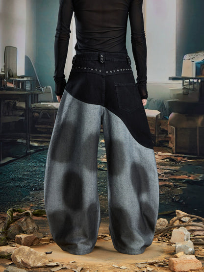 Patchwork Color Block Spray Paint Wide Leg Denim Jeans WN20576