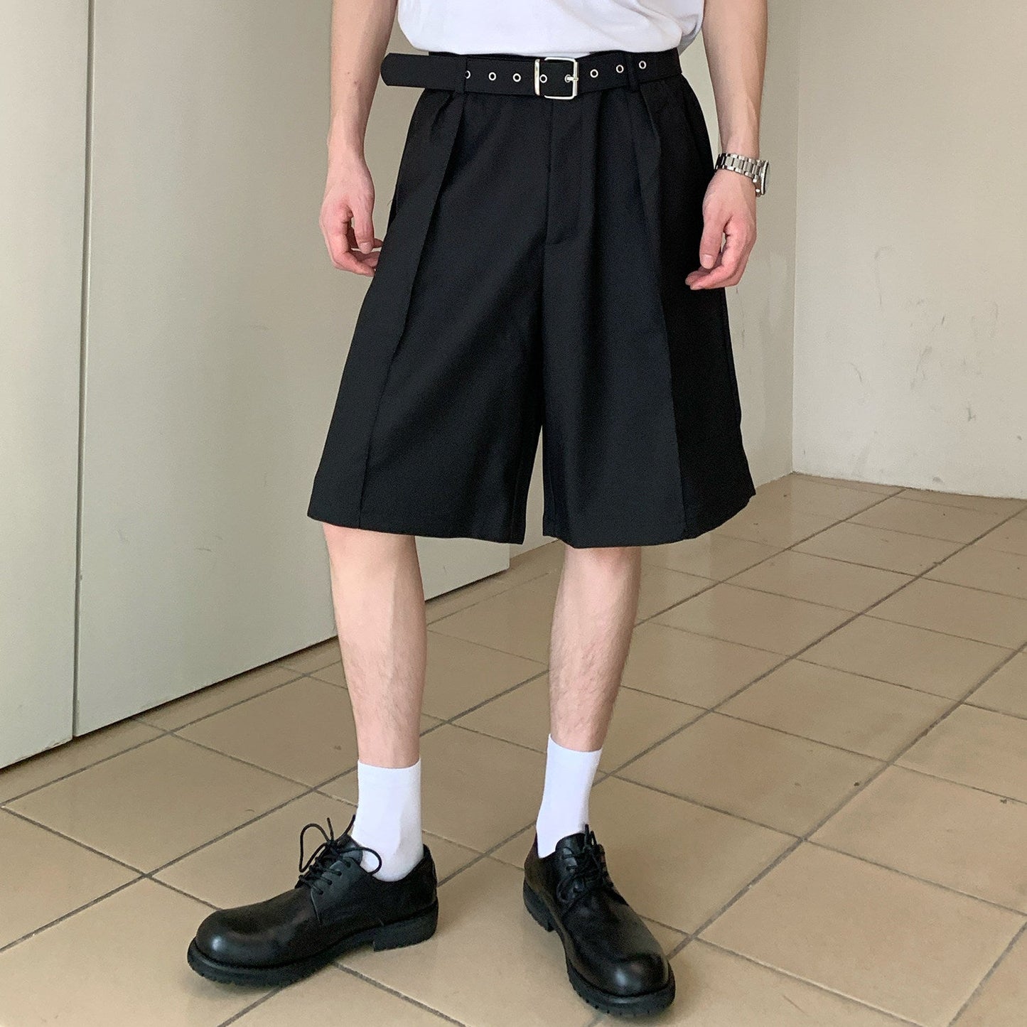 Belted Pleats Wide Leg Half Pants WN24867