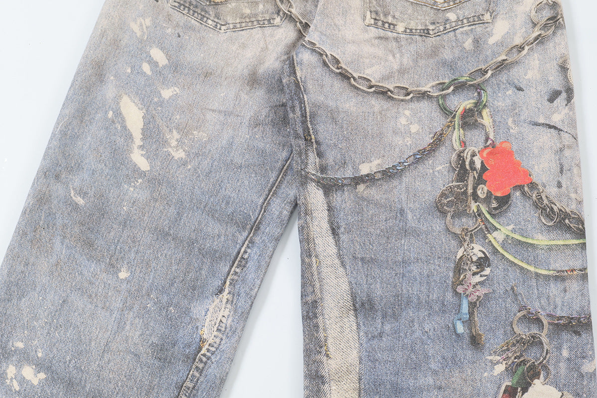 Washed Print Straight Denim Jeans WN12660