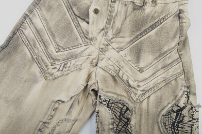 Washed Gradient Metal Stud Curved Wide Leg Denim Jeans WN27875