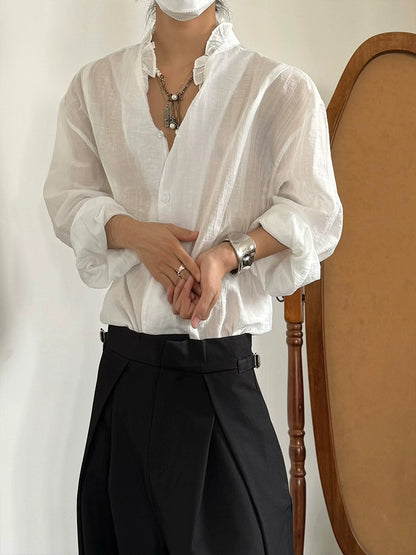 Pleats Lace V-Neck Elegant Long Sleeve Shirt WN19992