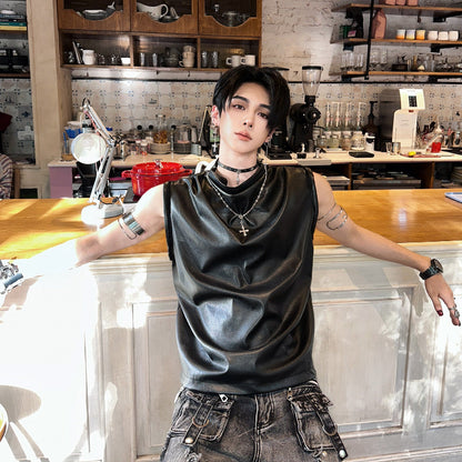PU Leather Sleeveless T-Shirt WN25114