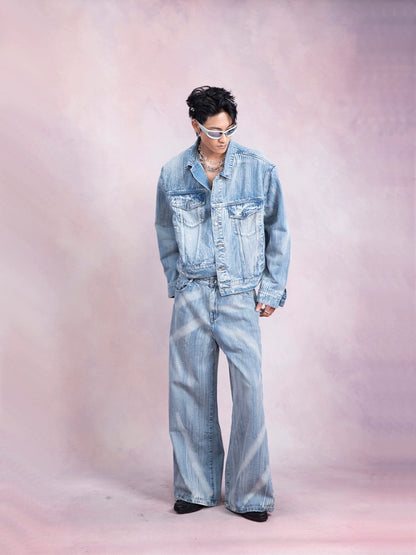 Washed Denim Jacket & Wide-Leg Straight Denim Jeans Setup WN9249